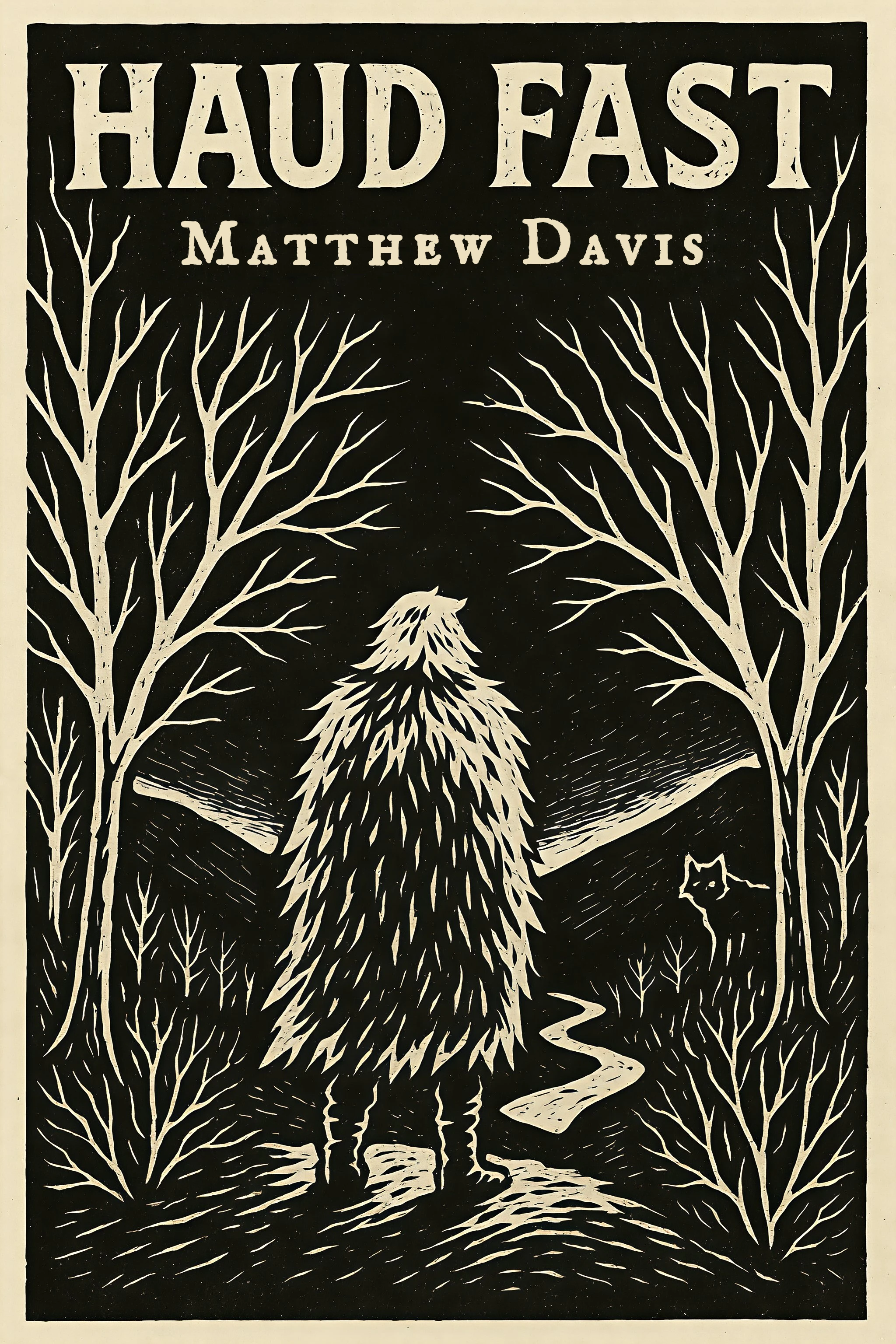 Haud Fast book cover, lino print style, a figure in a wolfskin stands in a dark Highland forest with a wolf watching from the treeline